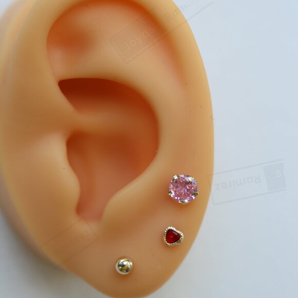14K Gold Heart Stud Earrings • 3 mm Ruby CZ • July Birthstone Gift. - Picture 5 of 7